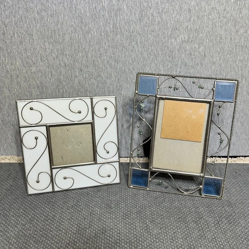 Connoisseur Stained Glass Picture Frames Set 2 White Scroll Blue Stone Bead Art